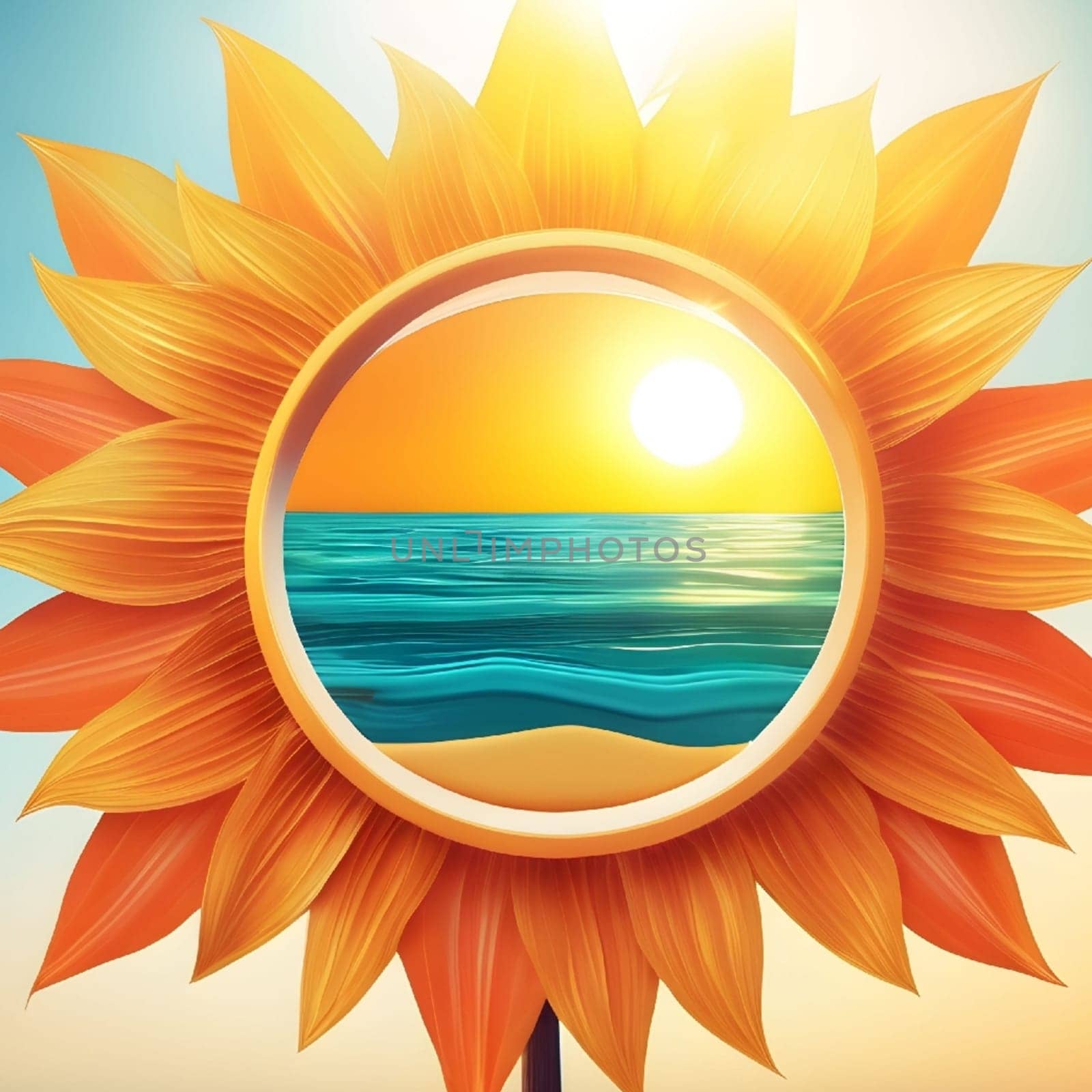 sun sea summer rest logo tourism yellow blue sky generated ai alt illustration . High quality illustration round shape sunflower