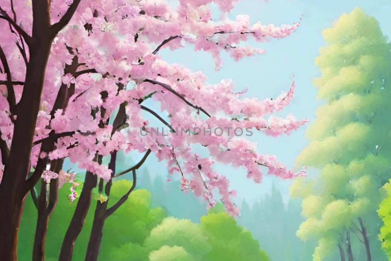 spring nature meadow field flowers green grass pink trees air blue sky beautiful landscape background. High quality photo alt summer day park travel sakura generated ai