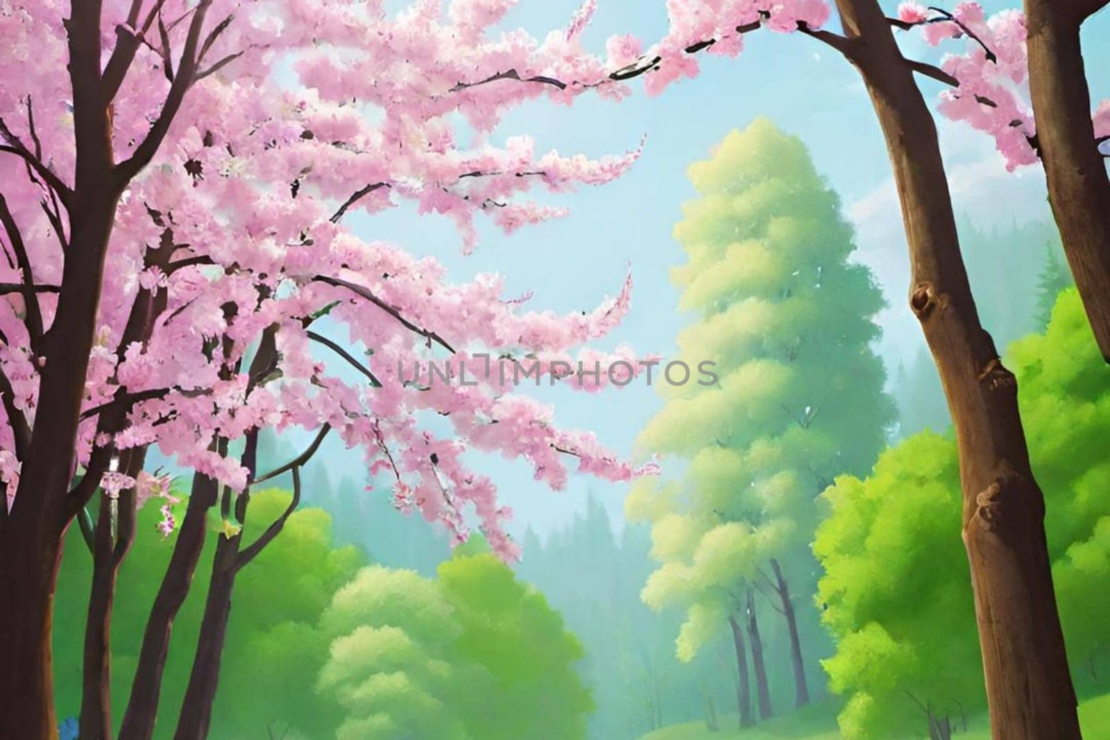 spring nature meadow field flowers green grass pink trees air blue sky beautiful landscape background. High quality photo alt summer day park travel sakura generated ai