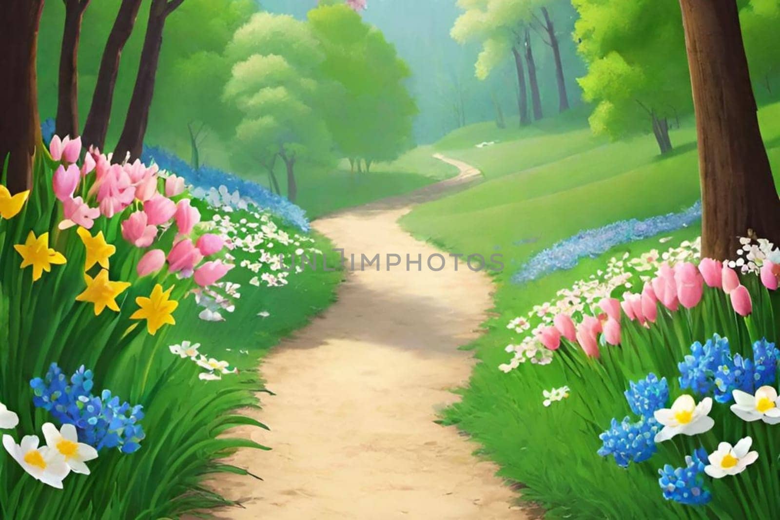 spring nature meadow field flowers green grass pink trees air blue sky beautiful landscape background. High quality photo alt summer day park travel sakura generated ai