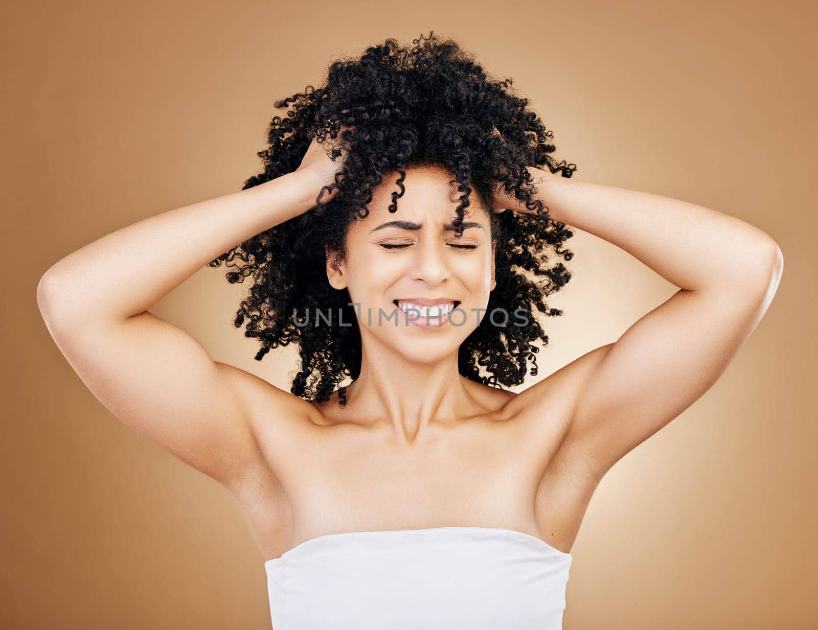 Woman, hair crisis and stress, beauty fail and salon treatment regret with frustration on studio brown background. Haircare disaster, cosmetics with pain, growth or texture mistake with headache.