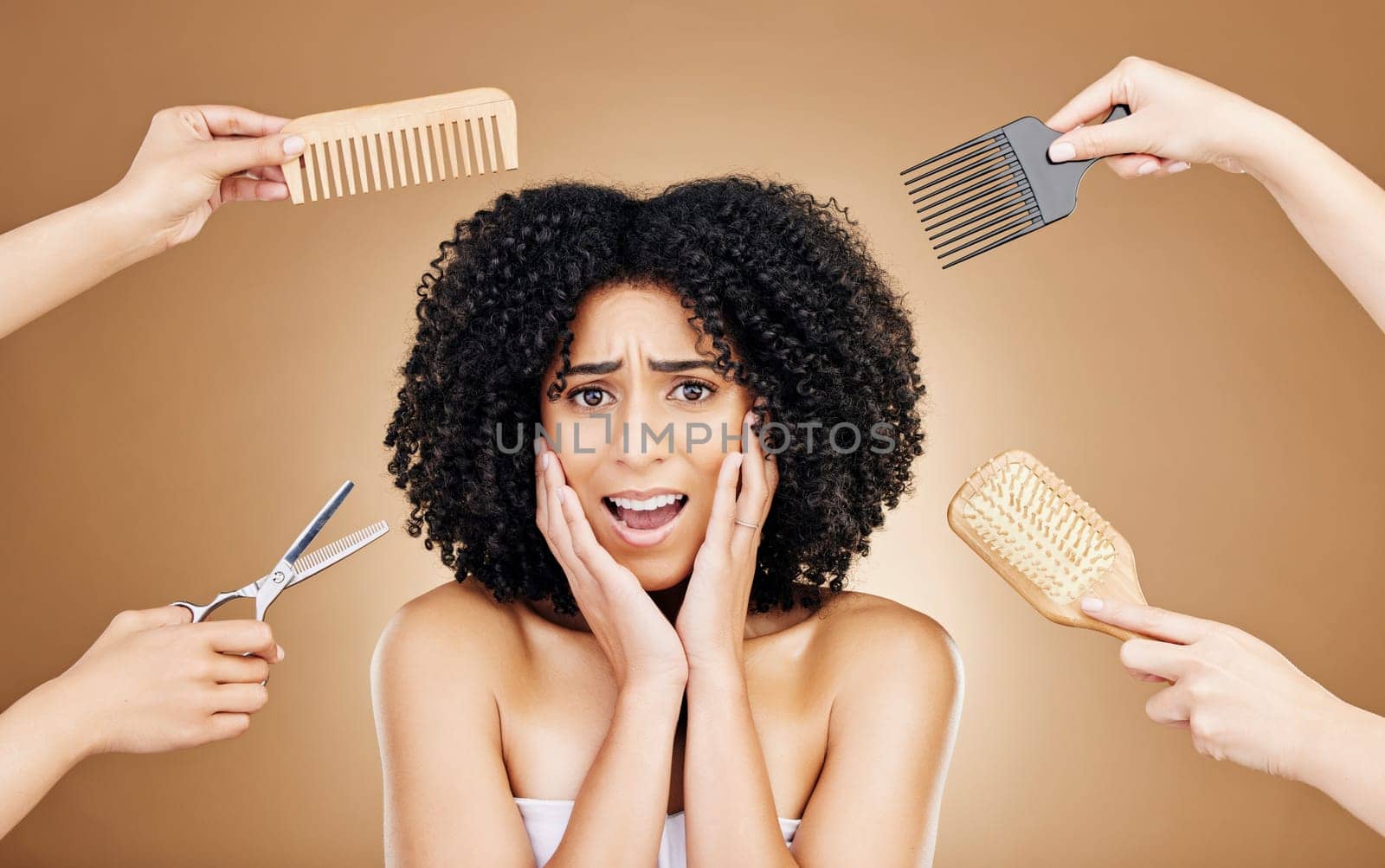 Brush, scared and portrait of woman in a studio with curly, natural and salon treatment. Shock, beauty and young female model from Mexico with comb for healthy hairstyle isolated by brown background. by YuriArcurs