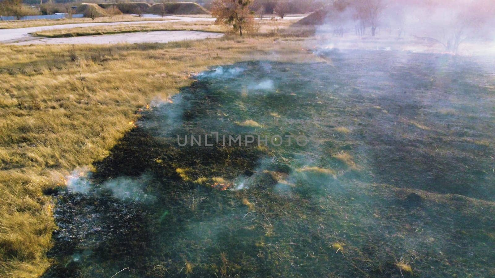 Aerial View Burning Dry Grass. Open Flames of Fire and Smoke. Yellow Dry Grass and Black Ash Burnt Plants. Ecological Catastrophy, Environmental, Natural disaster, Global Warming, Changing of Climate