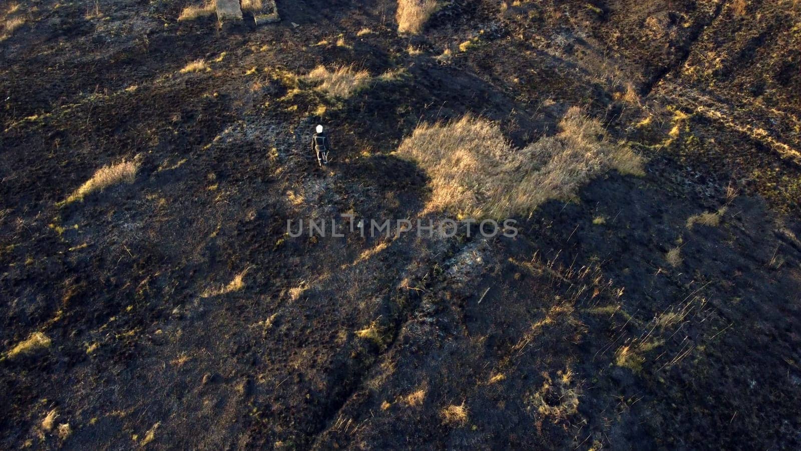 One firefighters walk on black scorched earth after fire and burning dry grass in field. Two people in uniforms of firefighters walk on black earth and ash after extinguishing fire. Aerial drone view