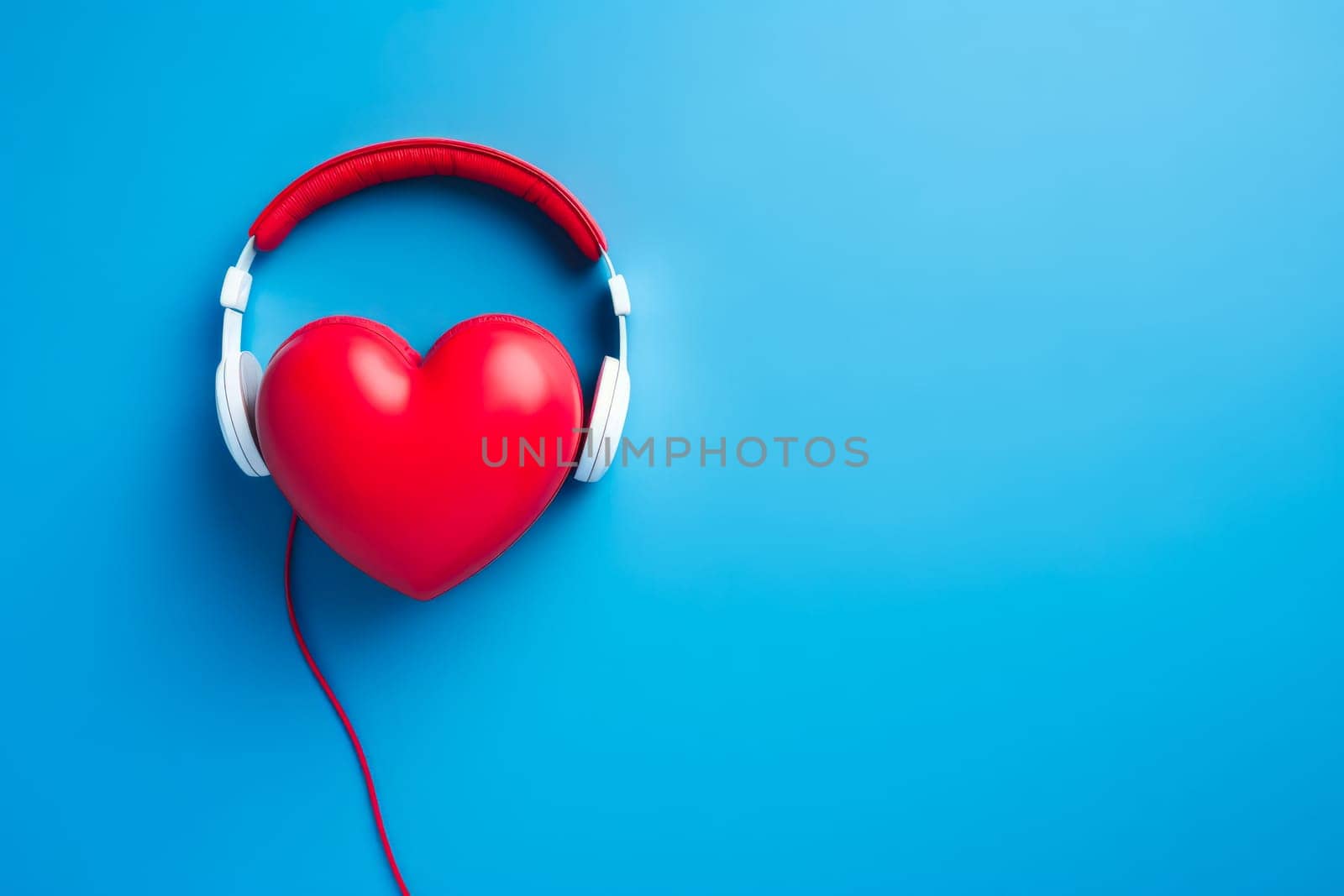 Musical Passion: Red Heart in Headphones on Blue Background. Generative AI