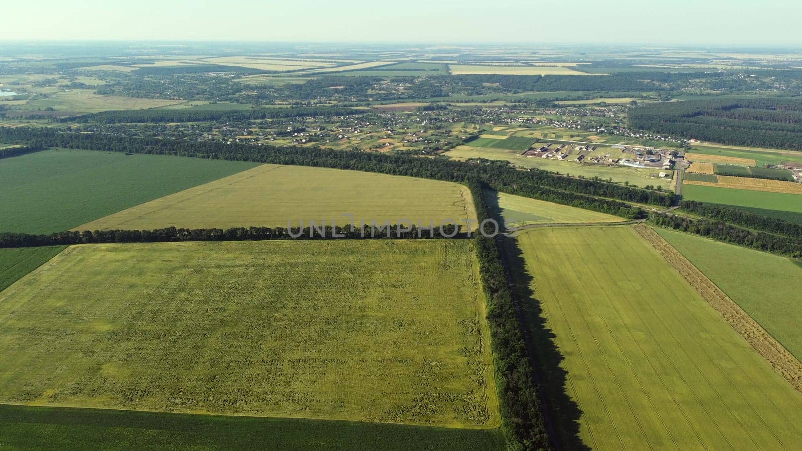 Aerial drone view flight over different agricultural fields sown with various rural agricultural cultures. Top view farmland and plantations. Landscape fields agro-industrial culture. Countryside