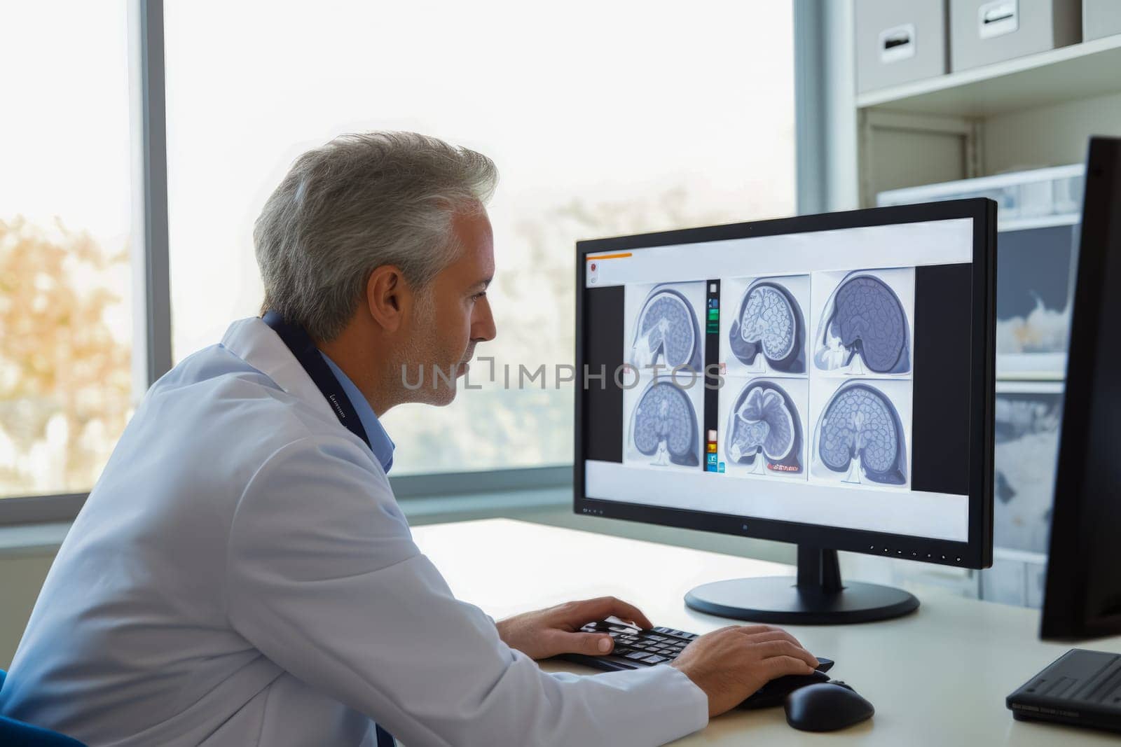 Seasoned Physician Reviewing Huntington's Brain Scans on Computer Monitor. Generative AI