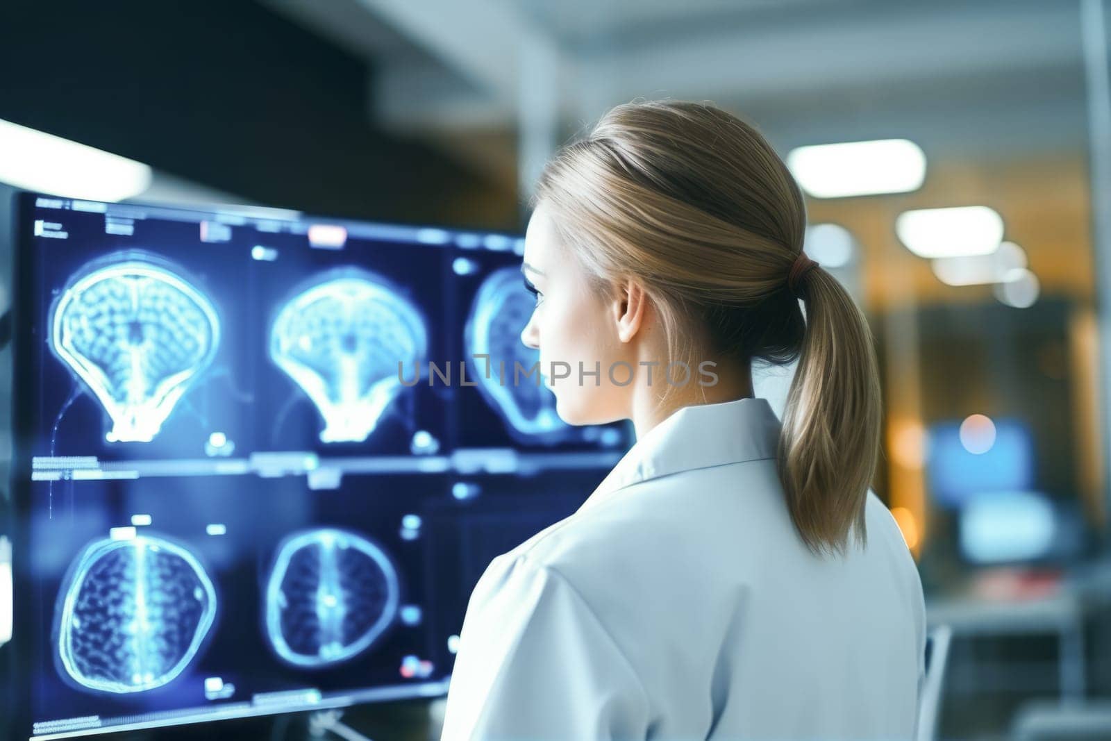 Knowledgeable Neurologist Analyzing Meningitis Brain Scans on Computer Monitor. Expert Woman Neurologist Thoroughly Analyzing Brain Scans, Generative AI