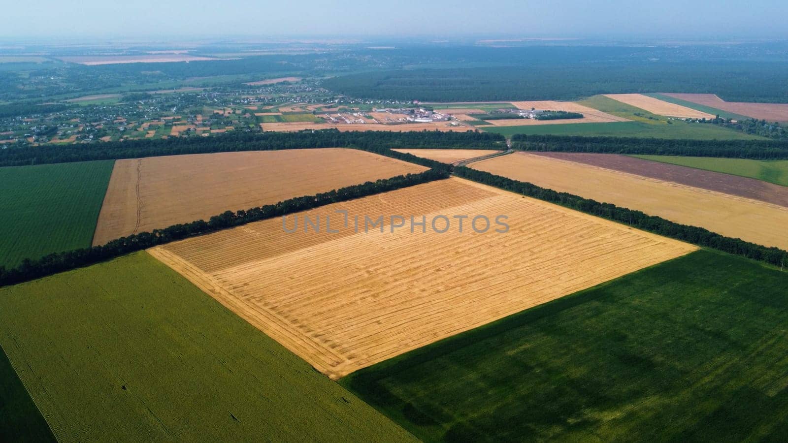 Panoramic top view wheat field. Different agricultural fields. Yellow wheat field and fields with other green agricultural plants. Aerial drone view. Agrarian agricultural landscape background