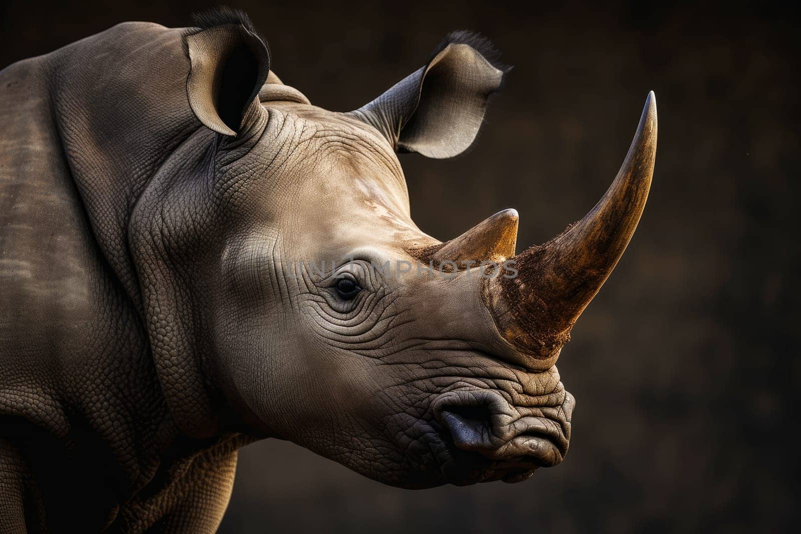 Portrait of a rhinoceros in its natural habitat.