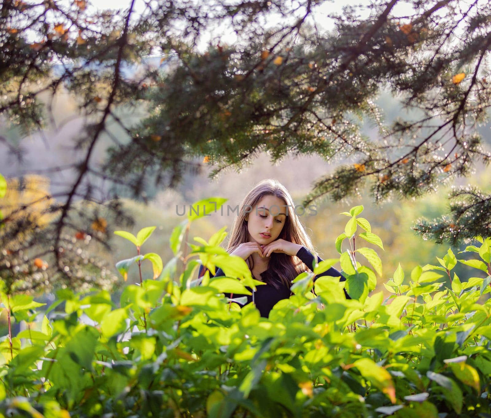 Beautiful girl in green foliage in the autumn park