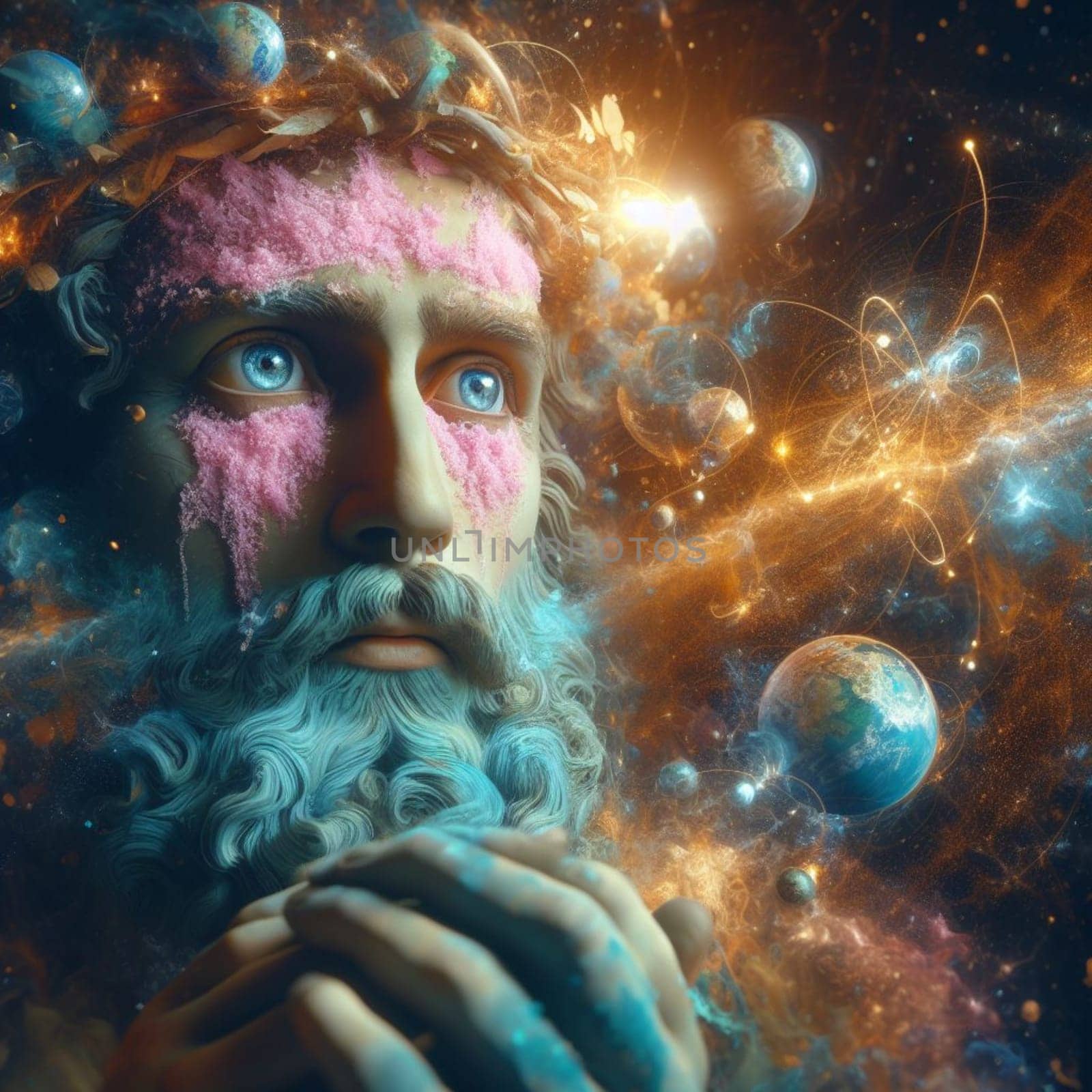 a bearded ethereal glowing senior man as a god holding a globe as hard times for our earth concept generative ai art