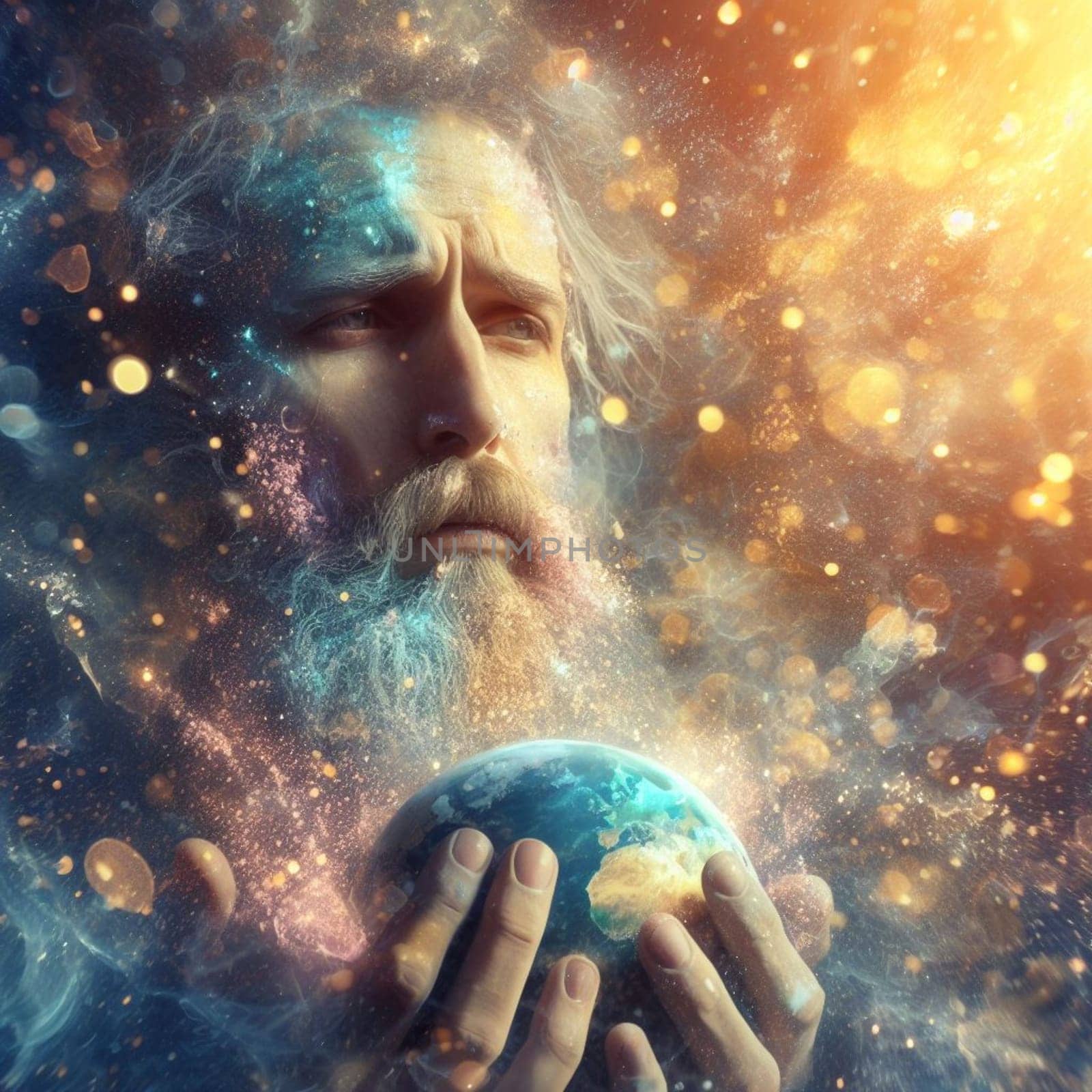 a bearded ethereal glowing senior man as a god holding a globe as planet earth metaphor concept by verbano