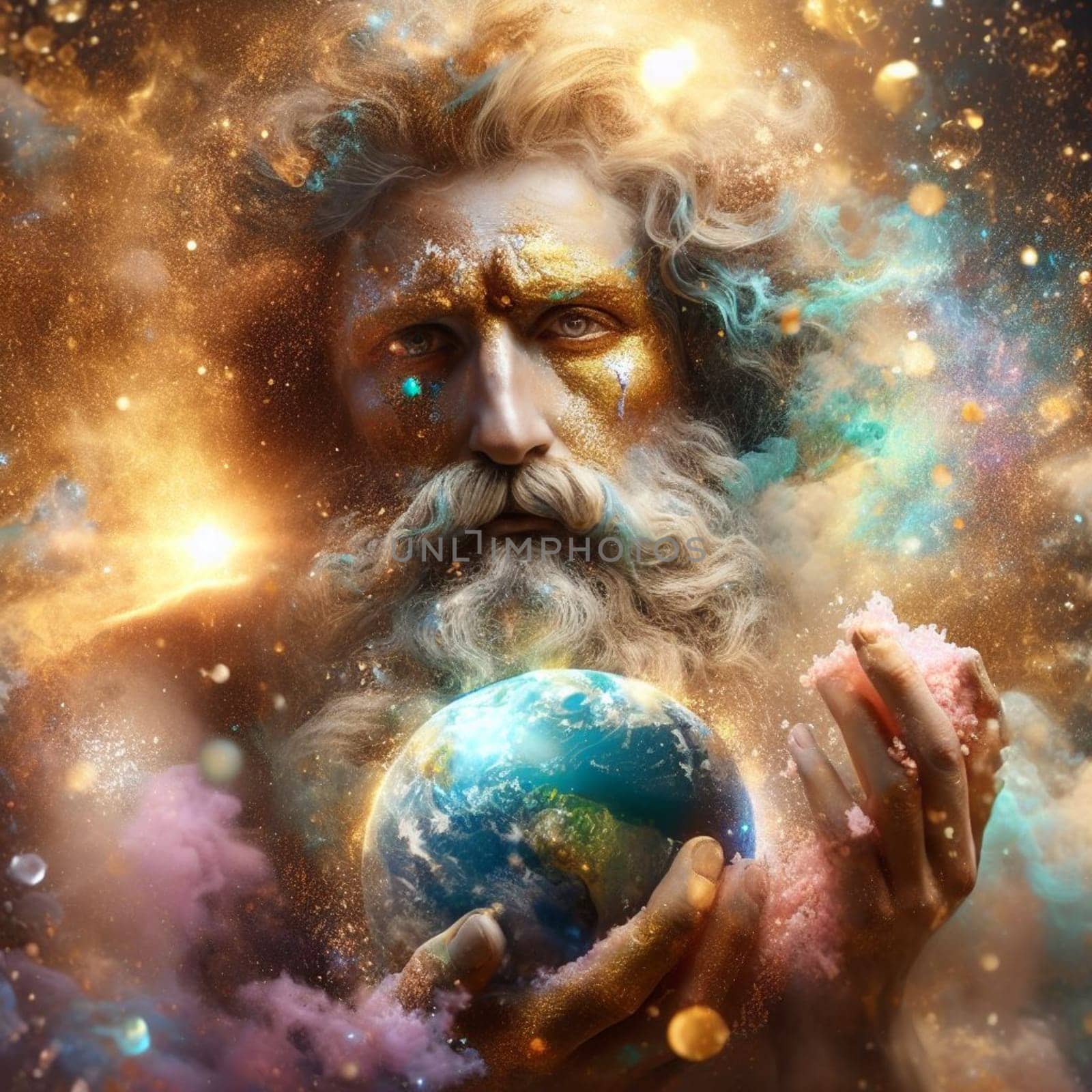 a bearded ethereal glowing senior man as a god holding a globe as planet earth metaphor concept by verbano