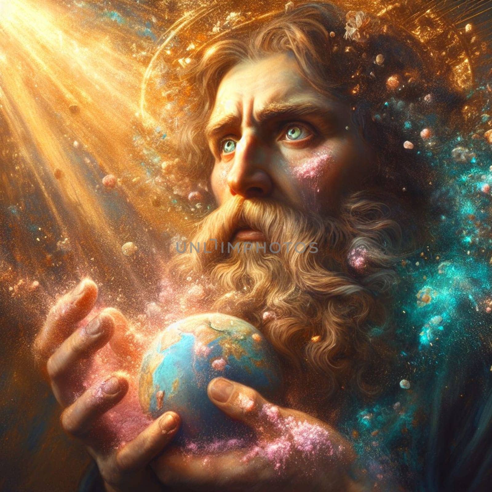 a bearded ethereal glowing senior man as a god holding a globe as planet earth metaphor concept generative ai art