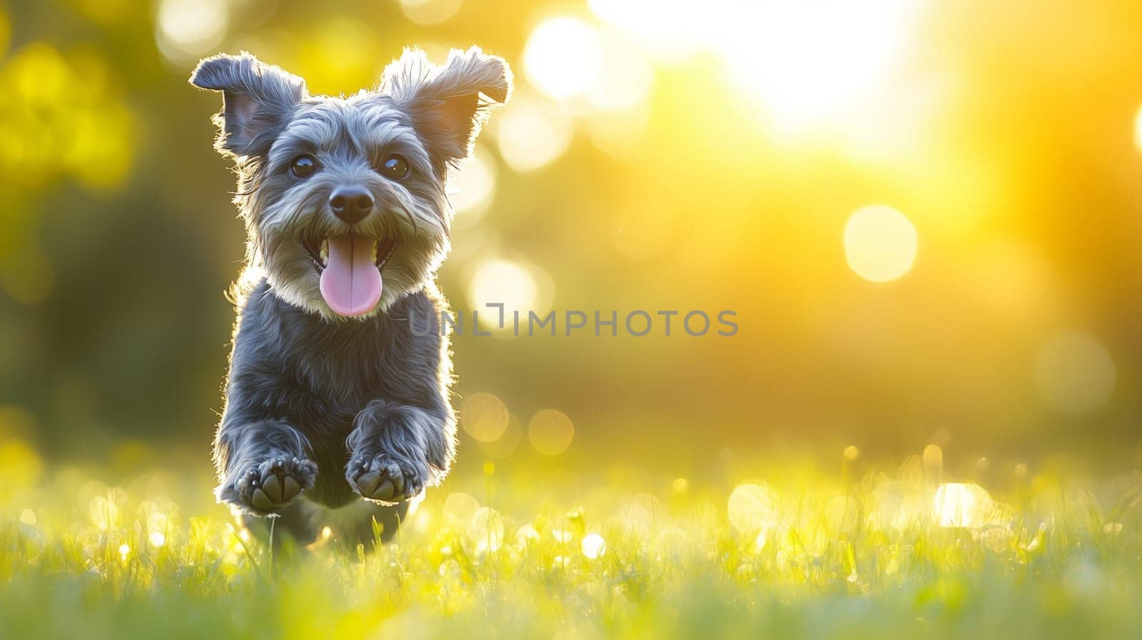 Small happy dog running on grass at sunset enjoying freedom