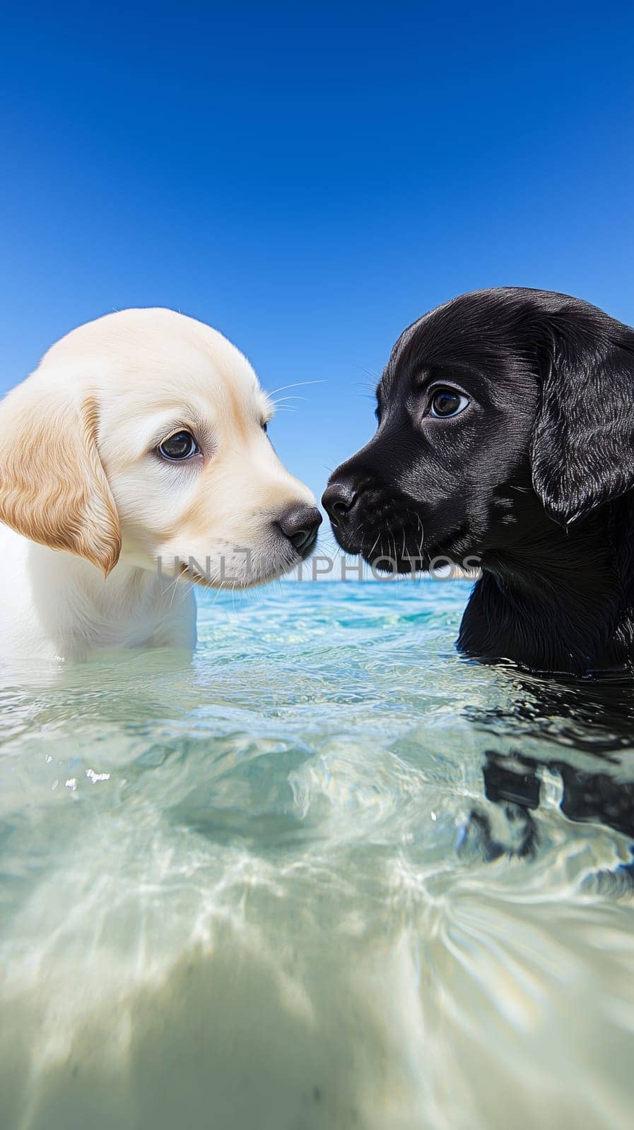 Two cute labrador retriever puppies, one white and one black, swimming in the ocean on a sunny day