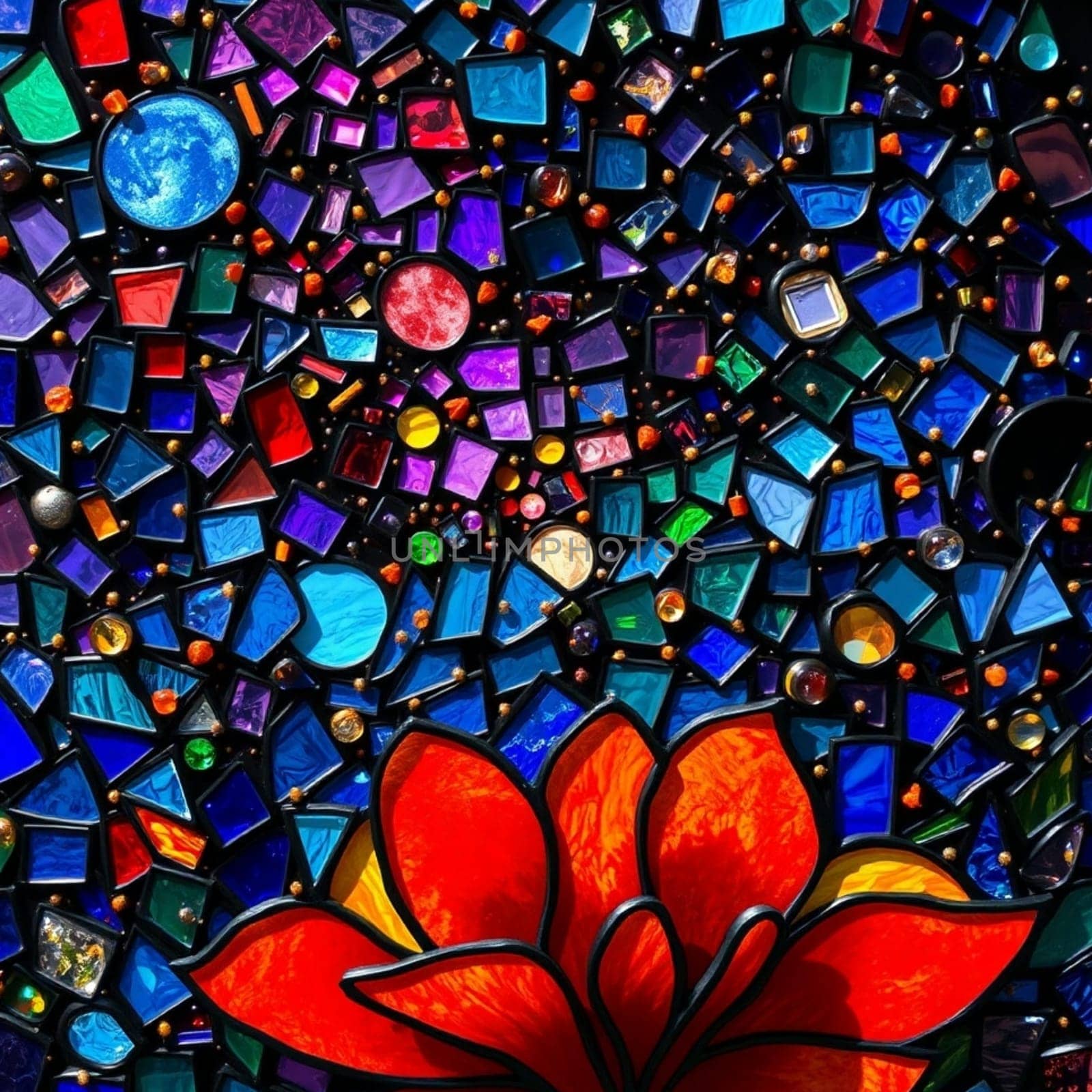 Red flower art blue mosaic background abstract generated ai alt illustration 3d. High quality 3d illustration