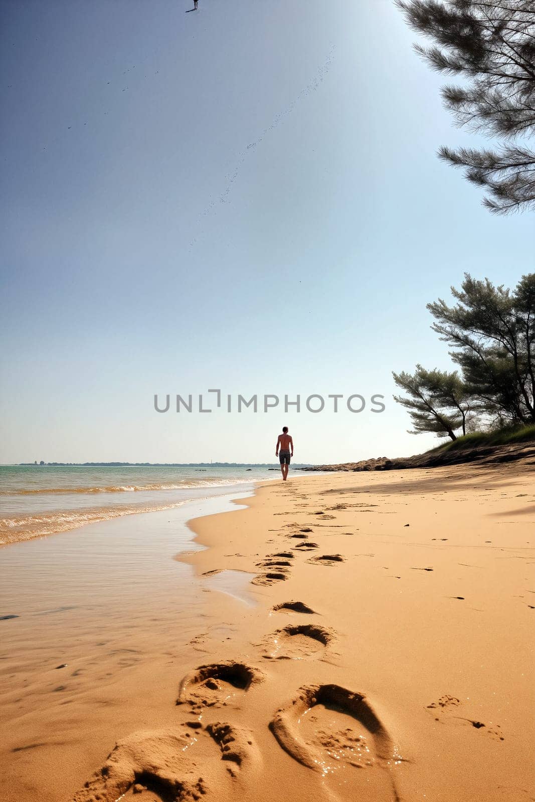 A person strolls barefoot on a sandy beach with soft waves washing over footprints. The sun illuminates the sky, creating a peaceful atmosphere near the water - Generative AI
