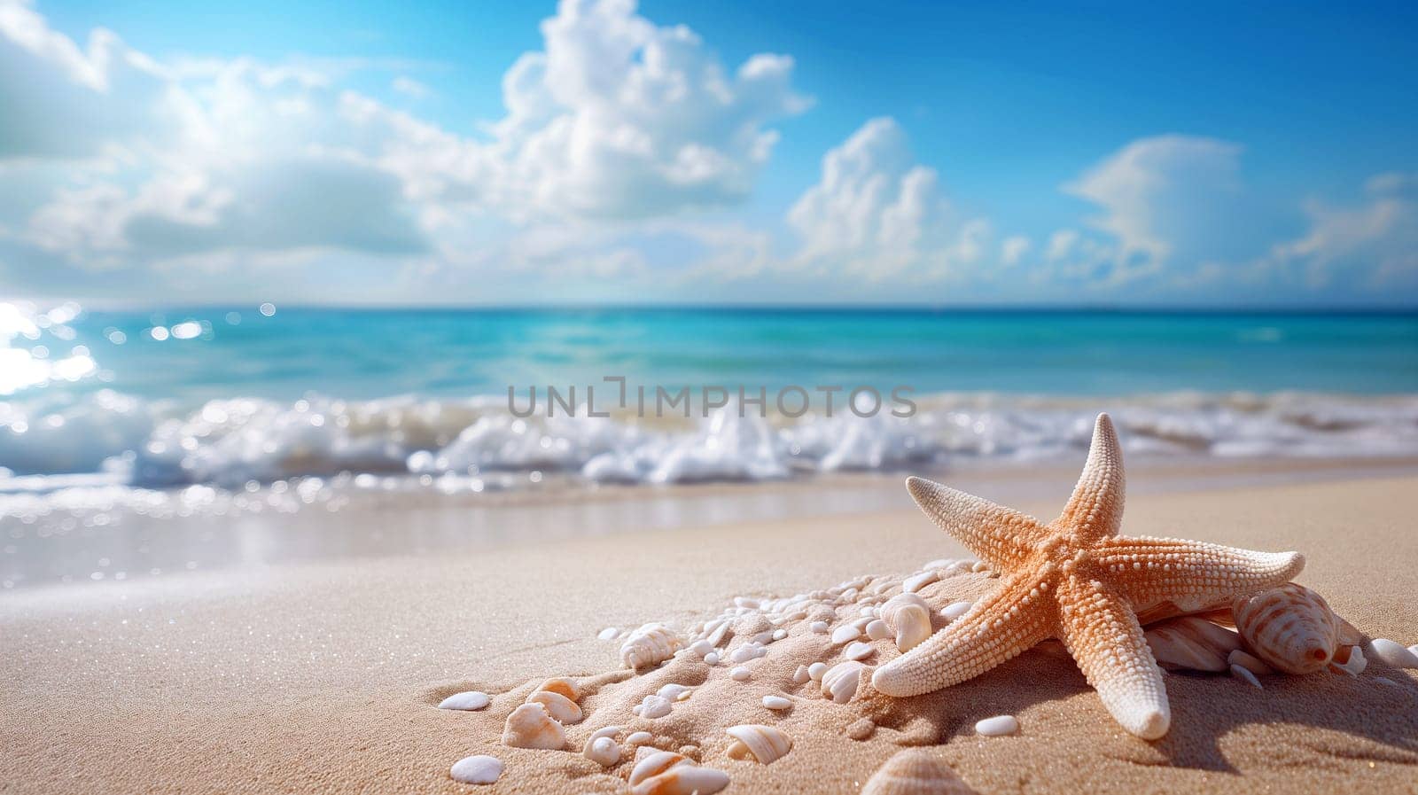 A starfish rests on the sandy shore among seashells, with gentle waves lapping at the beach under a bright blue sky - Summer holidays - Generative AI