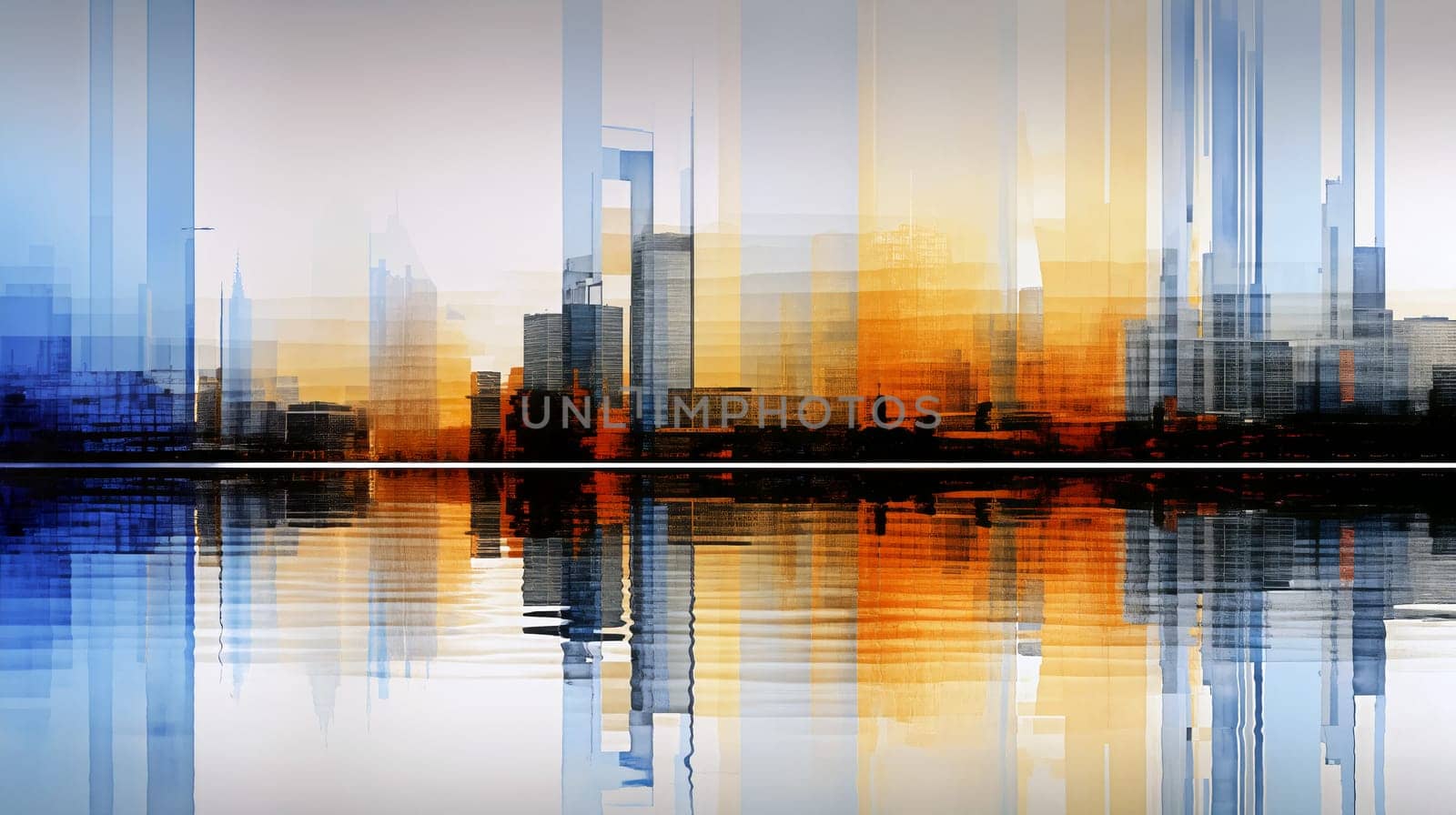 Vibrant hues of orange and blue blend seamlessly in an urban skyline reflection at sunset, creating an abstract visual on the water's surface - abstract oil painting - Generative AI