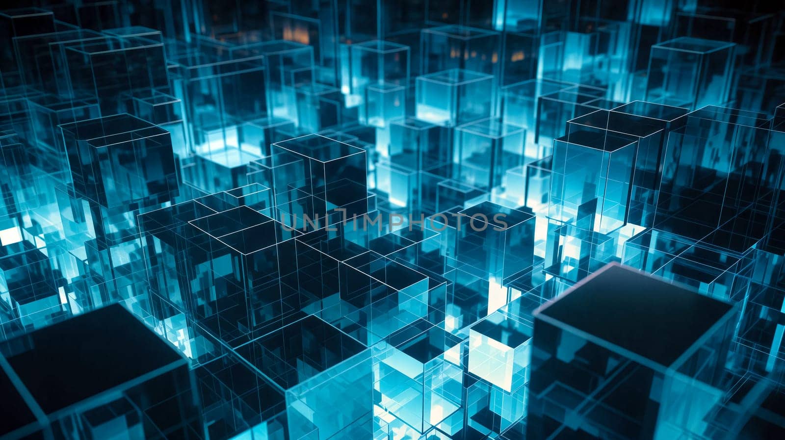 Translucent cubes fill the space, glowing in varying shades of blue. Their geometric arrangement creates a captivating visual effect, evoking a sense of depth and modernity - Generative AI