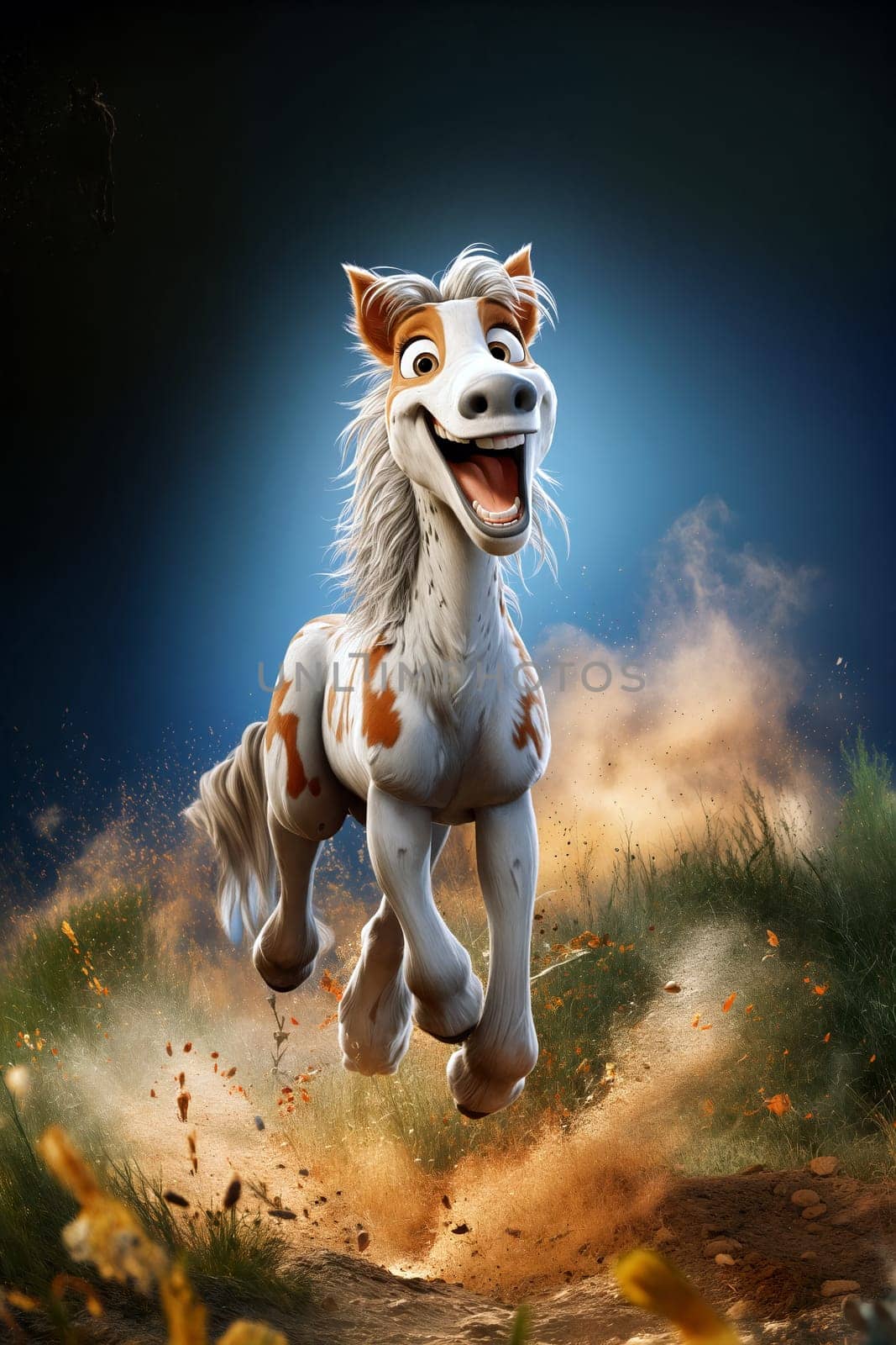 A joyful animated horse gallops through a lush green field, kicking up dust and leaves - Generative AI