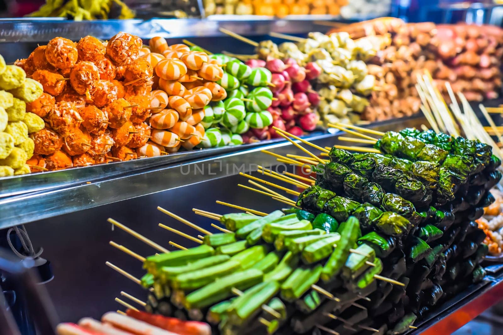 Many snacks and seafood in vietnamese night market in Da Lat