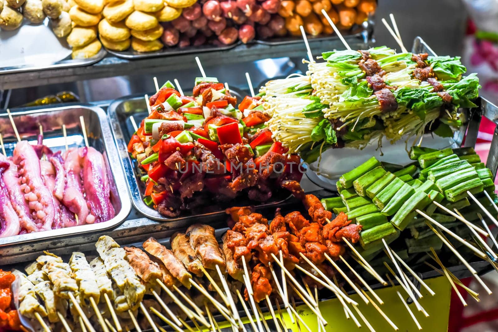 Many snacks and seafood in vietnamese night market in Da Lat