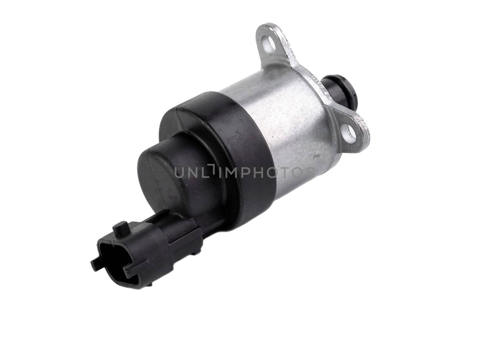 New rail fuel pressure sensor on white background close up