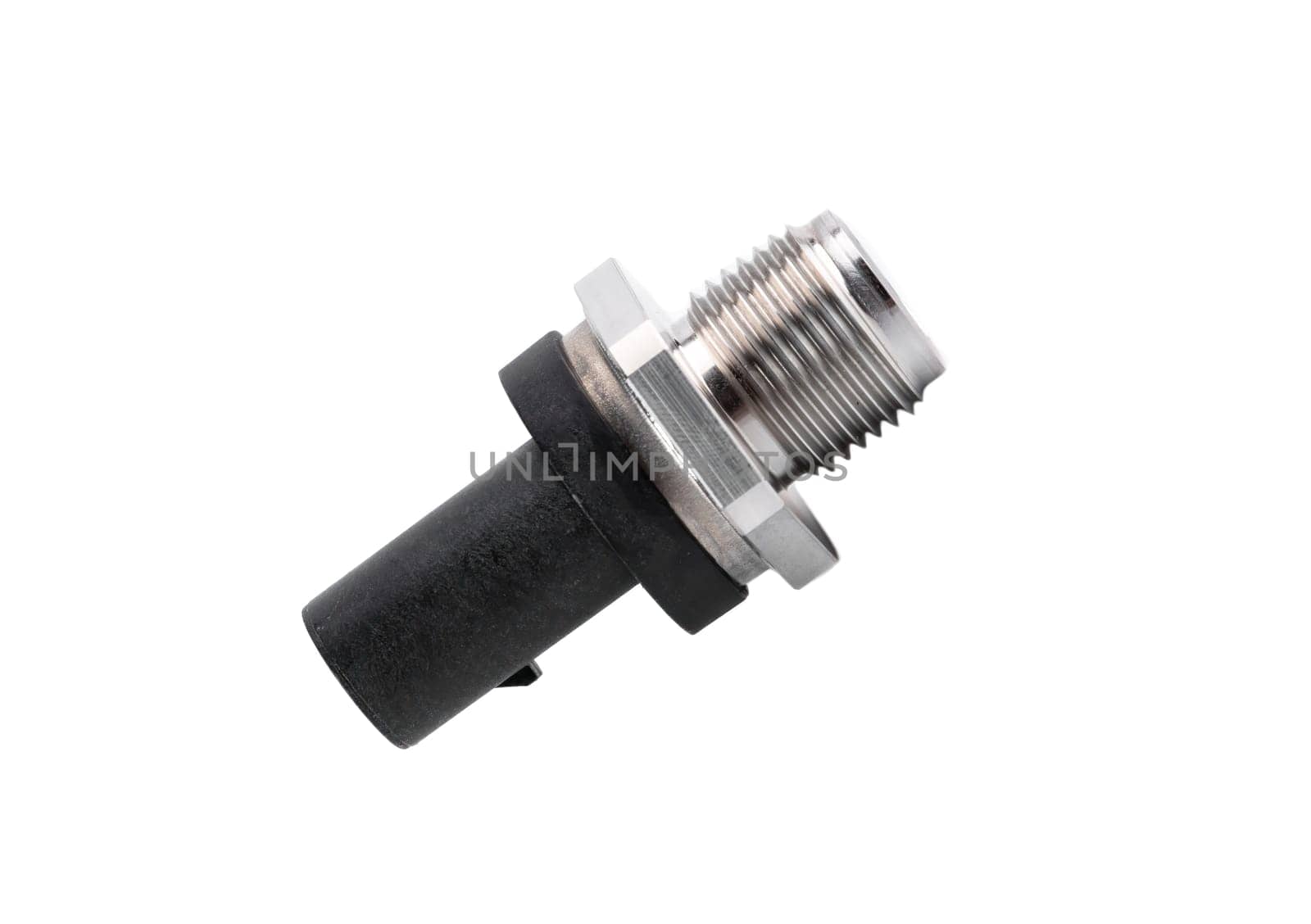 New rail fuel pressure sensor on white background close up