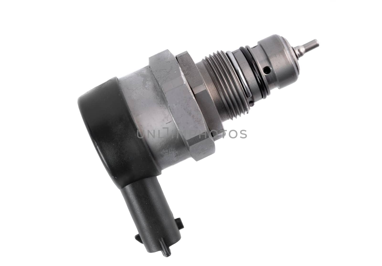 New rail fuel pressure sensor on white background close up