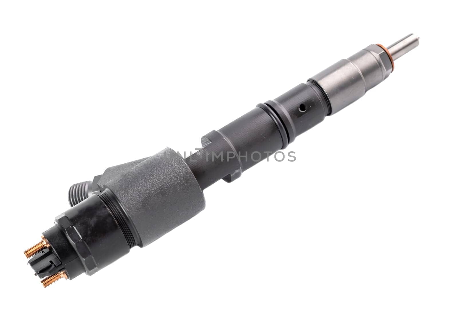 New fuel injector on white background close up
