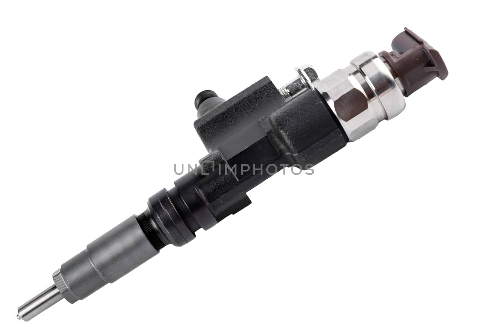 New fuel injector on white background close up