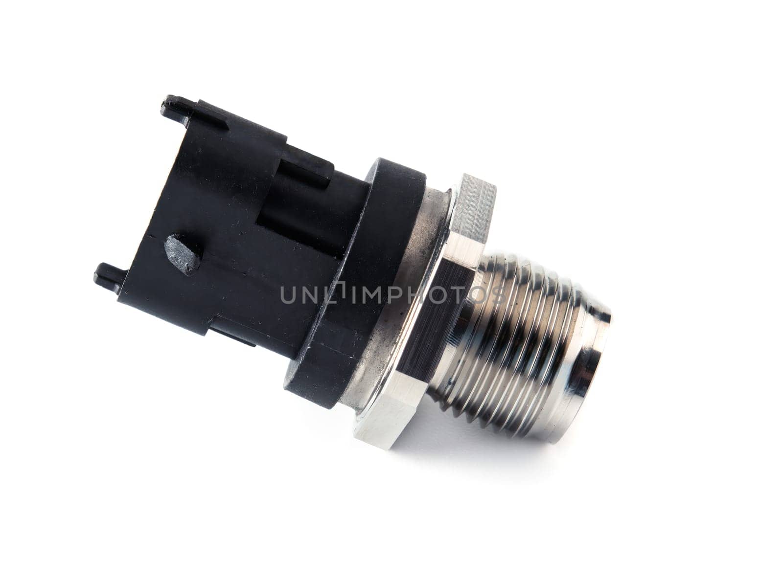 New rail fuel pressure sensor on white background close up