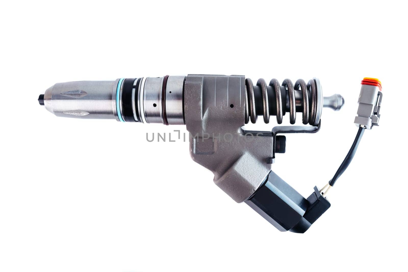 New fuel injector on white background close up