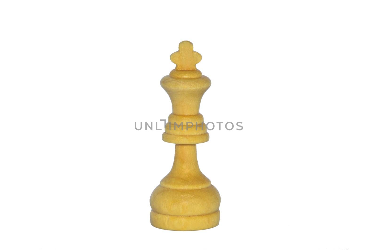 Wooden chess piece of white king isolated on white background