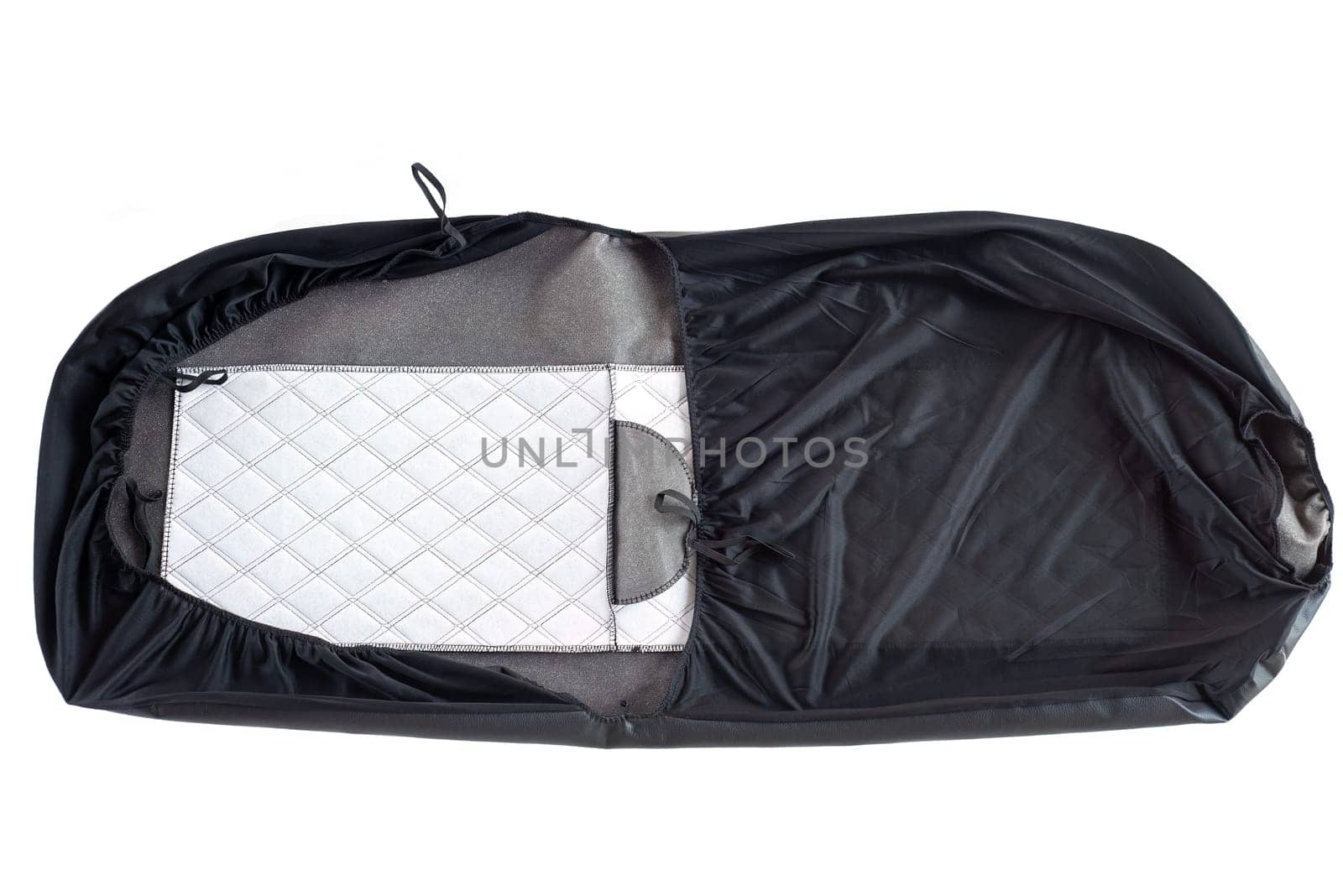 Black eco leather cover for car seat on isolated white background