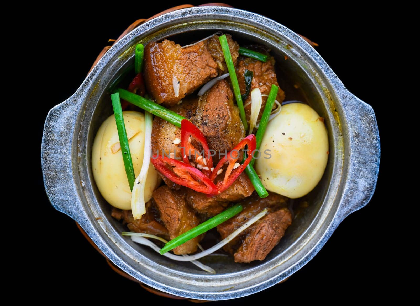 Vietnamese braised pork with boiled eggs in soy sauce for a menu