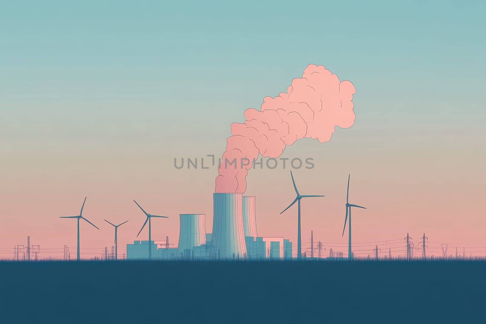 A power plant with a large stack of smoke coming out of it. The sky is blue and the sun is setting