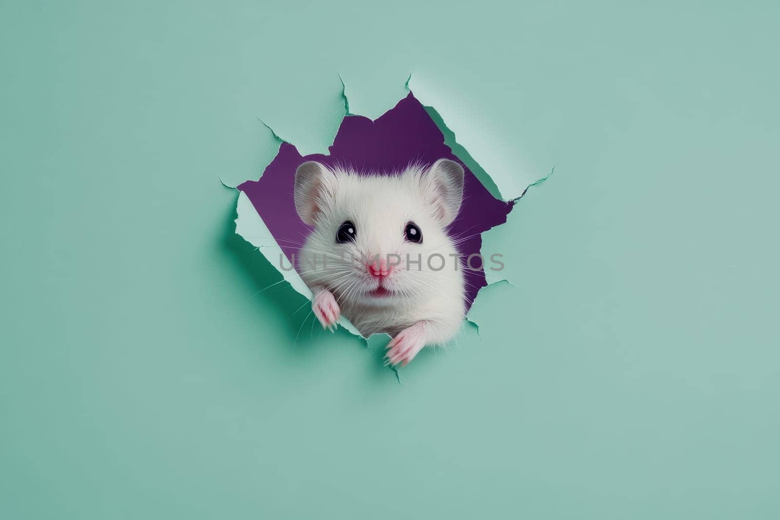 A white mouse is peeking out from a hole in a wall. The mouse is looking at the camera with curiosity