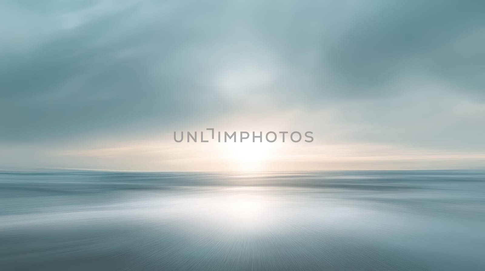 A beautiful blue ocean with a sun setting in the background. The sky is cloudy and the sun is just beginning to set