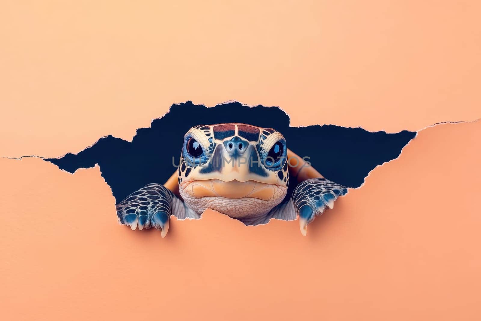 A turtle is peeking out from a hole in a wall. The turtle is looking at the camera with a curious expression. The image has a playful and curious mood