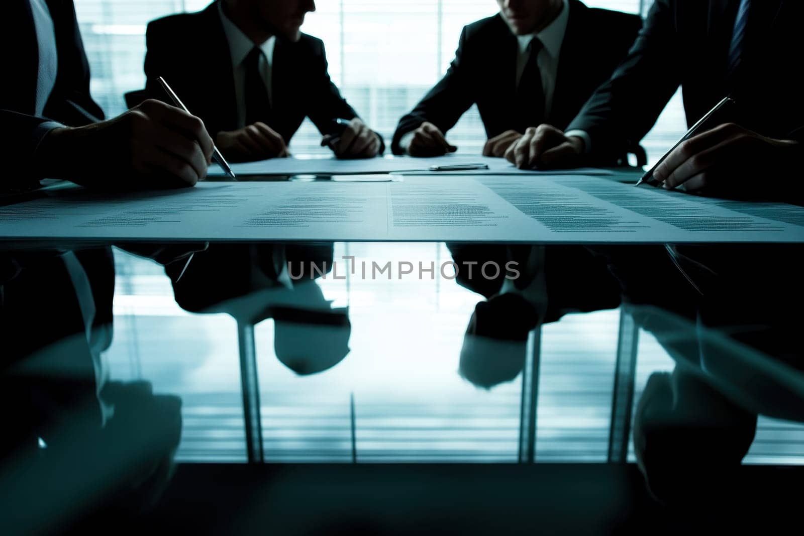 Three men in suits are sitting at a table writing on a piece of paper. Scene is serious and focused, as the men are likely discussing important business matters
