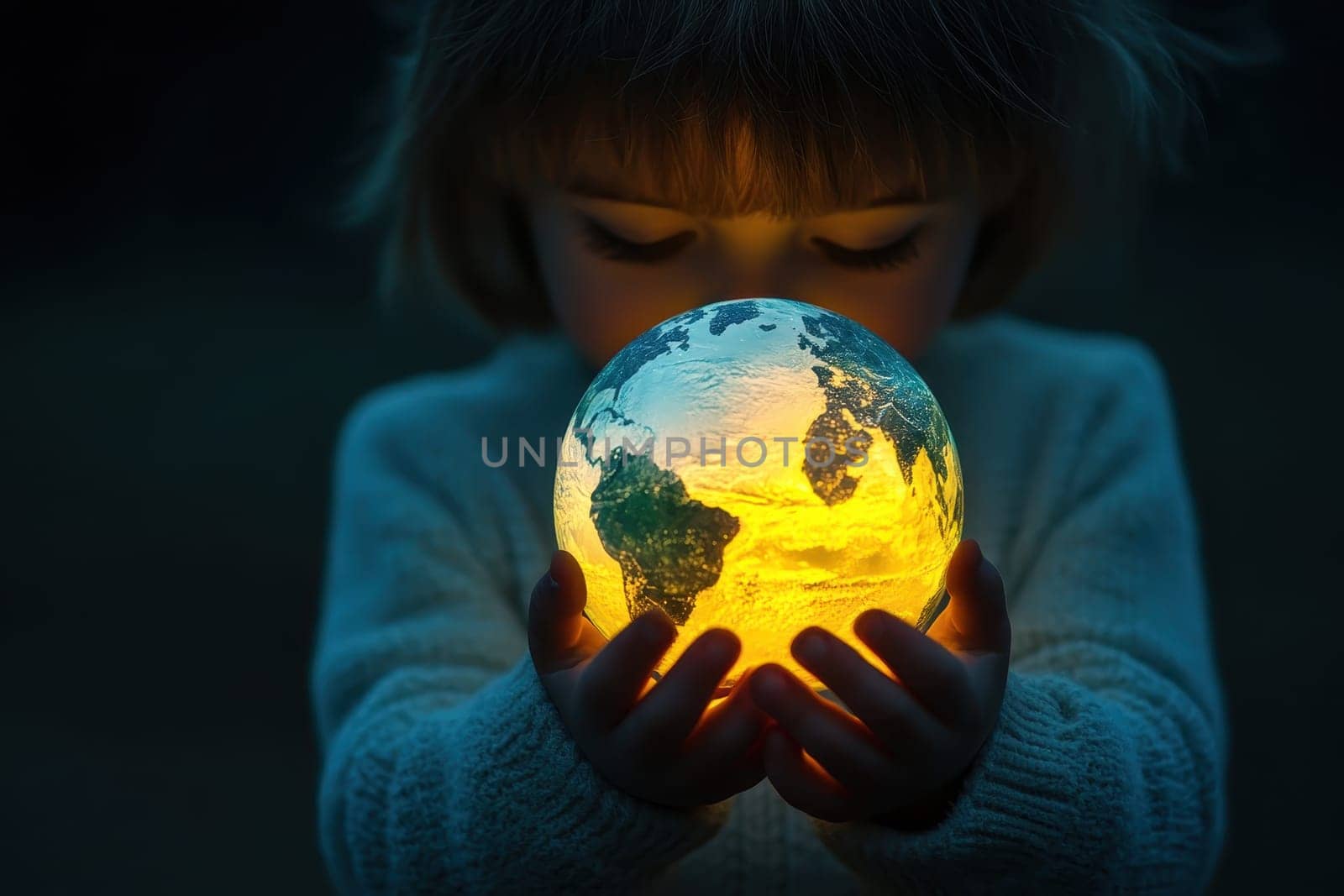 A young girl holds a globe in her hands. The globe is lit up, and the girl's face is illuminated by the light. Concept of wonder and curiosity about the world, as well as a desire to explore