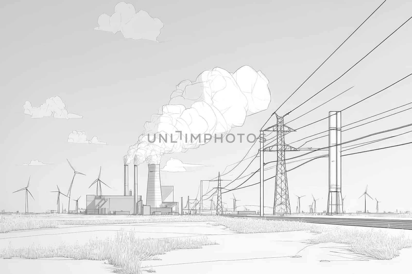 A black and white drawing of a power plant with a lot of smoke coming out of it. The sky is cloudy and the power lines are visible