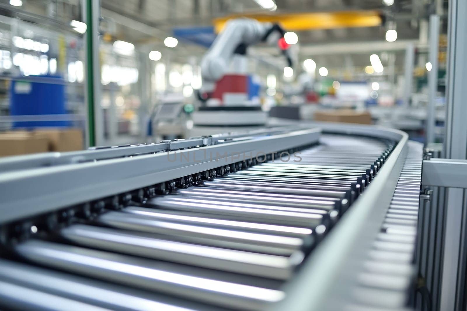 A conveyor belt with a robot on it. The robot is red and white