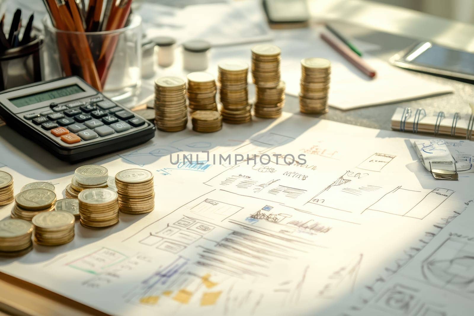 A pile of coins and a calculator sit on a table. The coins are arranged in a way that suggests a budget or financial plan. The calculator and coins together convey the idea of financial planning