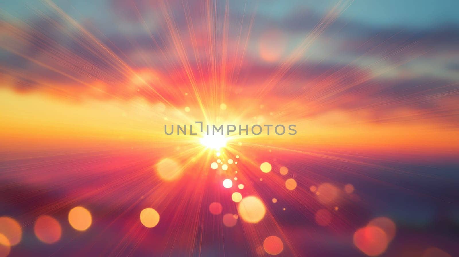 A bright sun is shining through the clouds, creating a warm and inviting atmosphere. The sky is a mix of pink and orange hues, giving the impression of a beautiful sunset