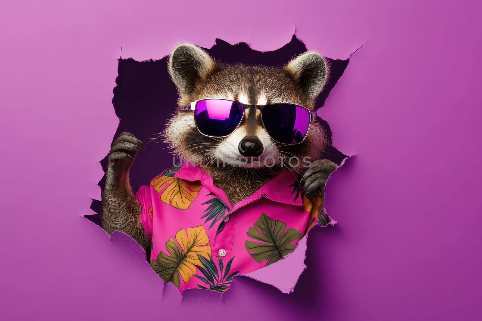 A raccoon wearing sunglasses and a pink shirt is standing in a hole. The image has a fun and playful mood, as the raccoon is dressed up in a Hawaiian shirt and sunglasses